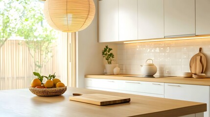 Minimalist kitchen with a wooden countertop, a basket of fruit, a cutting board, and a white teapot.