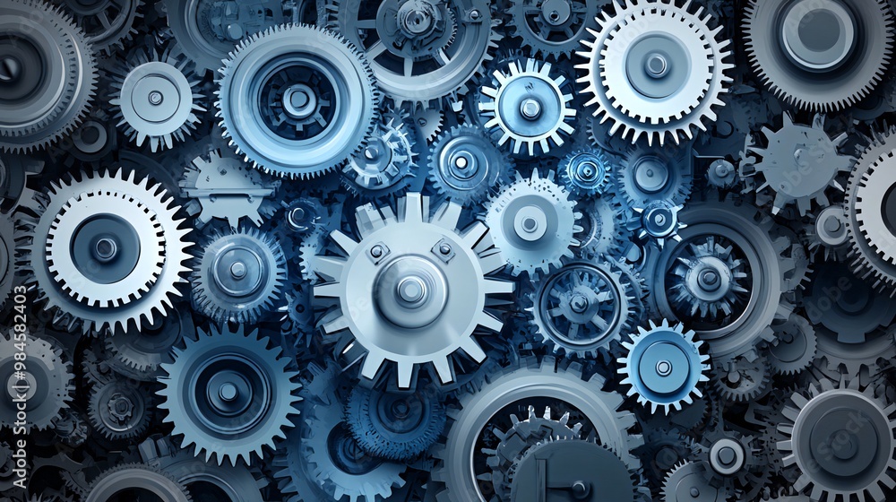 Poster a complex arrangement of interlocking gears in a blue and gray color palette, representing the inter