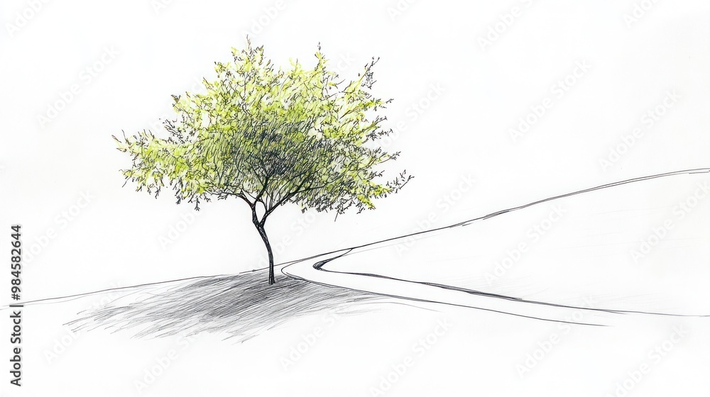 Poster a simple sketch of a tree on a hill, emphasizing nature and tranquility.
