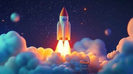 Obraz premium Cartoon 3D image of a rocket launching from a platform, surrounded by clouds and stars, capturing the excitement of space science and exploration