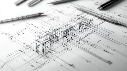 A technical drawing featuring architectural plans with tools for design and construction.