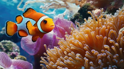 Close-up of a clownfish darting in and out of a sea anemone, showcasing the symbiotic relationship between these species in a vivid underwater scene