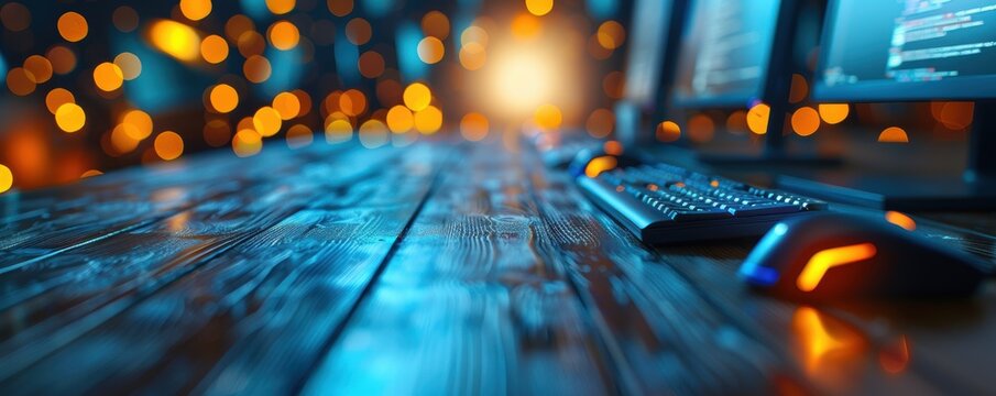 A vibrant, illuminated workspace with a wooden desk surface, featuring a gaming keyboard and mouse, complemented by multiple monitors displaying code in a bokeh light effect background