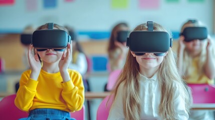 Children engaged in virtual reality learning in a classroom setting.