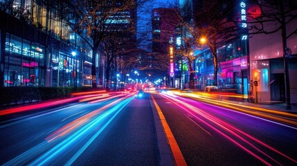 Colorful light trails weaving through a city street at night, capturing the movement of vehicles and the energy of urban life with stunning clarity