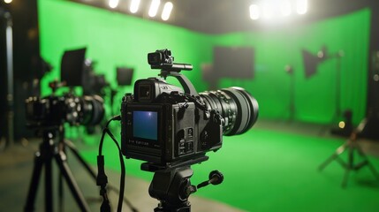 A studio setup with cameras and lights against a green screen for video production.