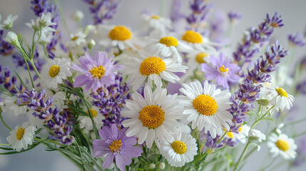 Fototapeta premium A beautiful bouquet of lavender and chamomile wildflowers, featuring vibrant purple and white blooms with cheerful yellow centers, creating serene and calming atmosphere