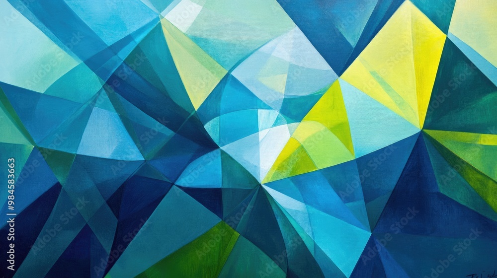 Poster geometric shapes in various shades of blue and green, overlapping in an abstract pattern.