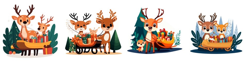 Obraz premium Cheerful reindeer in a festive scene delivering gifts in a sleigh surrounded by colorful trees and winter decorations.
