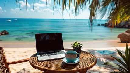 A peaceful workspace is set up at the beach with a laptop and a cup of coffee on a round table. The serene waters and palm trees create a refreshing atmosphere.