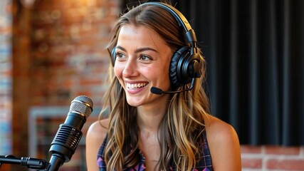 A contemporary loft studio filled with chic radio hosts, complete with laptops and microphones in front of them, recording a podcast with passion.