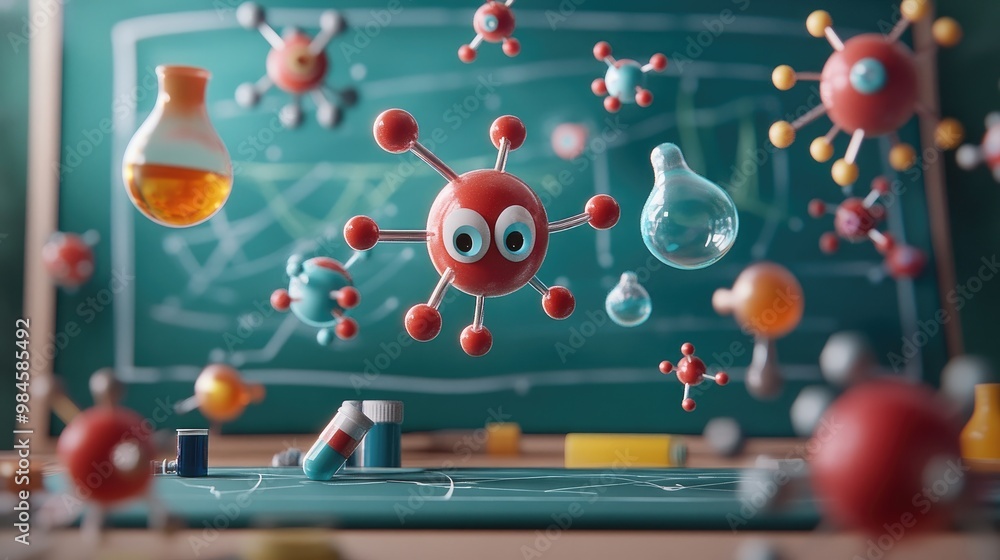 Poster 3d cartoon illustration of a group of animated atoms and molecules bouncing around a chalkboard, tea