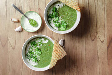 broccoli puree soup with cream and pesto