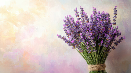 Lavender bouquet tied with rustic twine, showcasing soft pastel tones, evokes sense of tranquility and natural beauty. Perfect for home decor or gifting