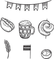 Beer and bratwurst german street food engraved vector illustration set.