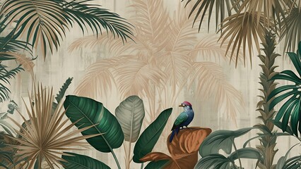 Illustration of wallpaper design with tropic leaves, palms and bird on textured background. Artwork with plants and animals. Botanical design. Jungle abstract drawing.