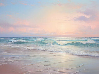 Obraz premium Pastel Dawn, Ocean's Embrace: Tranquil sunrise hues paint the sky above a serene seascape, waves gently rolling ashore in a symphony of peace and beauty. 