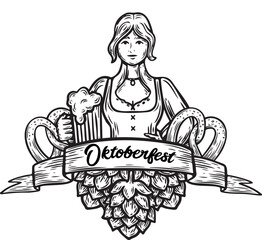 Oktoberfest composition with pretzel beer and woman line drawing vector illustration.