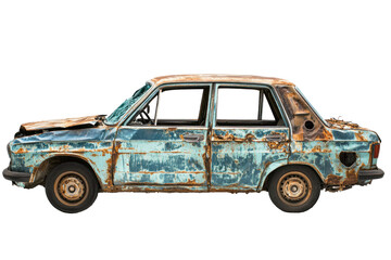 Isolated Rusty Blue Car With Corroded Metal and Missing Windows, Transparent Background PNG, Blue Car, Heavily Corroded With Rust