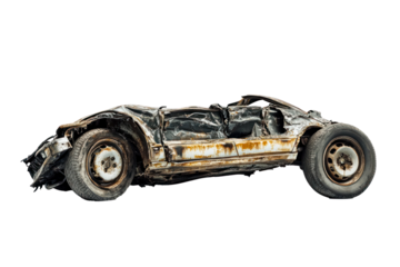 Isolated Collapsed and Burnt Out Vehicle Frame, Transparent Background PNG, Extreme Structural Damage