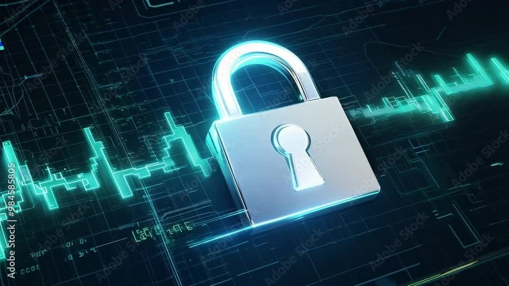Poster A sleek silver padlock featuring a keyhole is prominently displayed against a backdrop of glowing digital circuits and data patterns, emphasizing cybersecurity themes.
