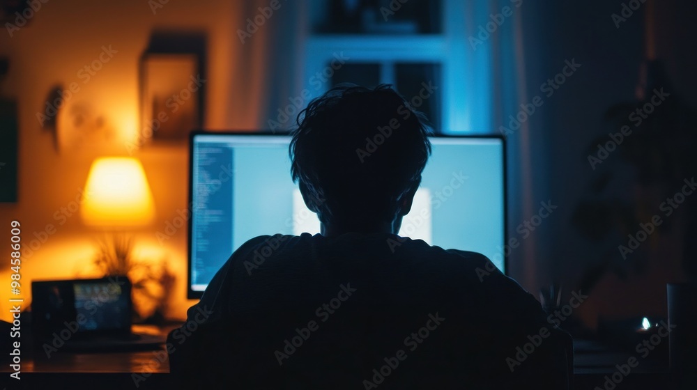 Poster a person working late at night, illuminated by a computer screen and ambient lighting.
