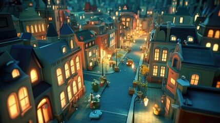 Fototapeta premium A 3D cartoon city at sunset, with glowing windows and streetlights illuminating the vibrant buildings and streets in a warm, inviting atmosphere