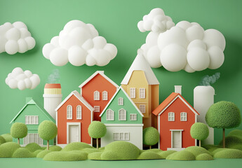 A group of houses with clouds, a green background, 3D rendering, in a cartoon style. 