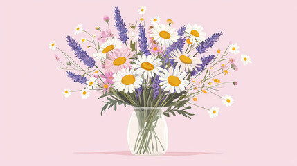 A vibrant bouquet featuring lavender, chamomile, and wildflowers in clear vase, set against soft pink background, radiates cheerful and fresh atmosphere