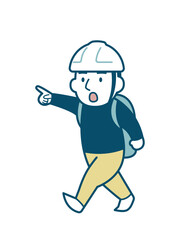 斜め上を指さして避難する男性