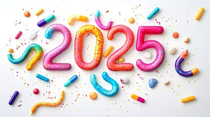 Fototapeta premium Colorful Snakes Forming the Year 2025 on a White Background