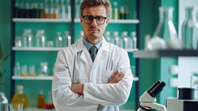 Modern laboratory with a confident scientist in a lab coat, standing near a microscope and glassware, green screen backdrop.