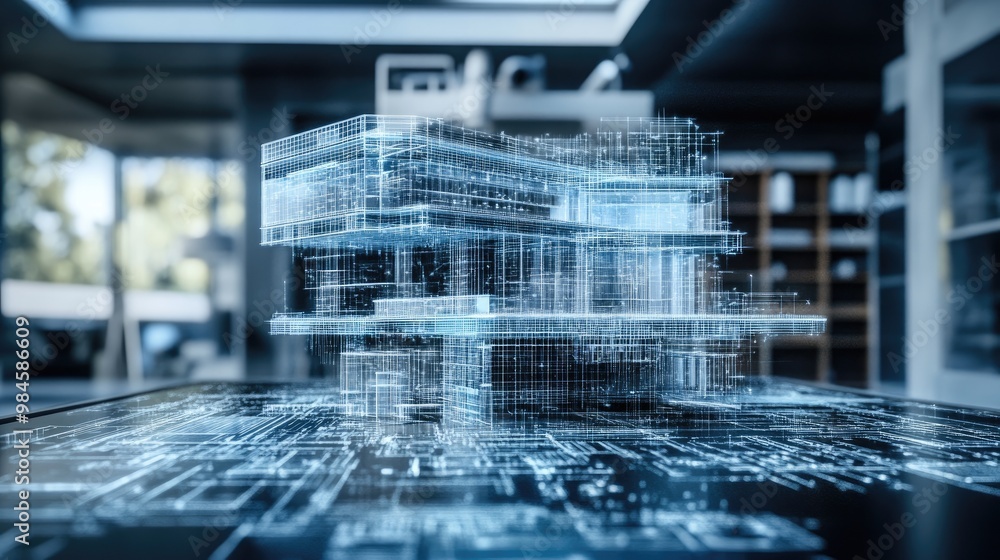 Poster a 3d holographic blueprint of a futuristic building floating in an architect's studio, showing compl
