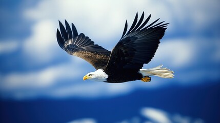 Obraz premium Bald eagle (Haliaeetus leucocephalus) flying and hunting, South-central Alaska in winter