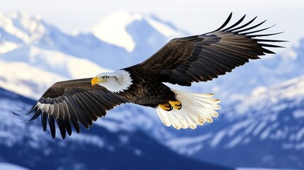 Obraz premium Bald eagle (Haliaeetus leucocephalus) flying and hunting, South-central Alaska in winter