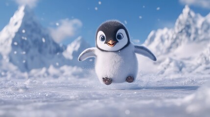 A cute penguin chick joyfully waddles through a snowy landscape.