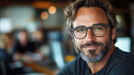 Obraz premium A confident and friendly middle-aged man with glasses and a beard, smiling warmly while seated in a modern office environment, reflecting a professional yet approachable demeanor