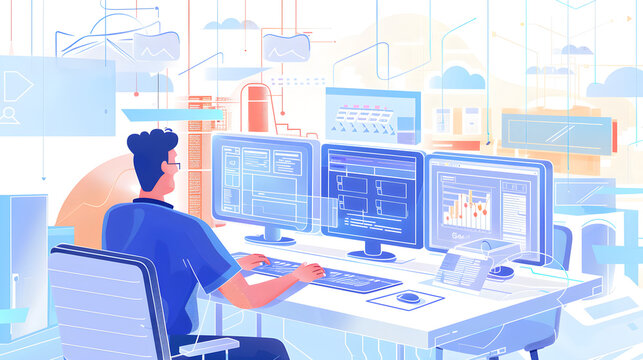 Full-stack developer working on cloud integration, coding in the background, modern software development process.