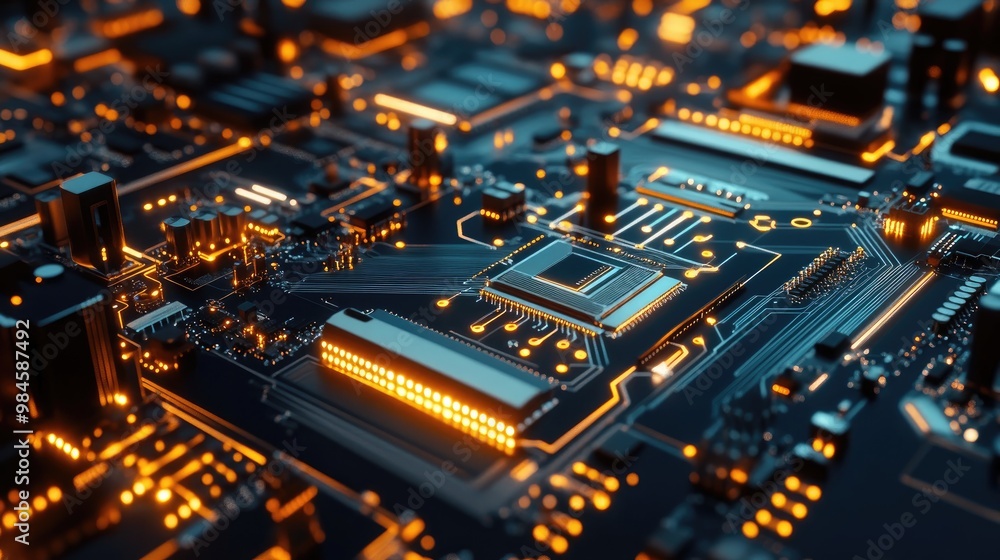 Poster a close-up of a computer motherboard with visible network components, highlighting the intricate des