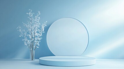 A minimalist blue setting featuring a circular display and a flowering plant.