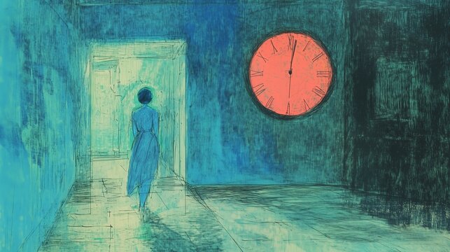 A pencil-drawn illustration featuring an individual standing indoors gazing at an oversized clock on the wall. The artwork conveys themes of time management and introspection.