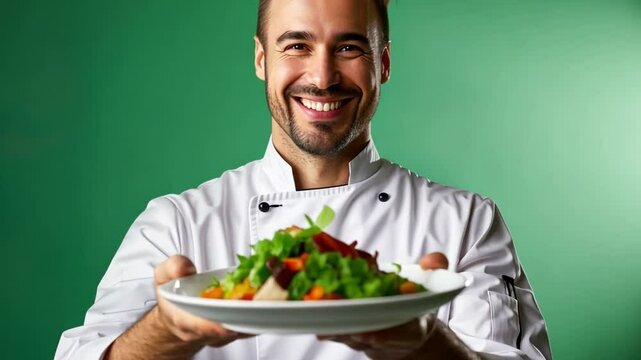 Male chef with a confident smile, presenting a beautifully plated dish in his hand, wearing traditional chef attire. Green screen background isolated.