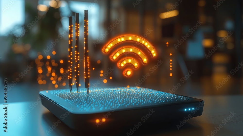 Poster a close-up of a wireless router with data transmission symbols and glowing signal waves, representin