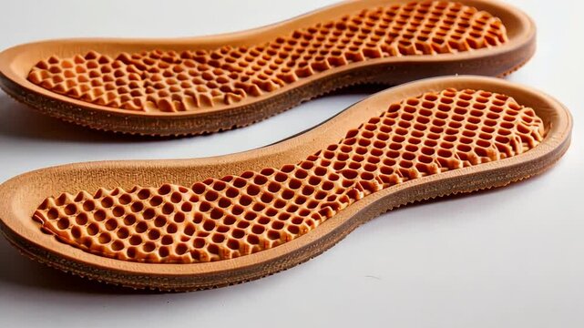 Orthopedic insoles isolated against a white background, emphasizing their ergonomic structure and intended use in the treatment and prevention of flat feet and foot disorders.