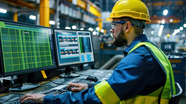An industrial engineer is sitting at a PC with two screens in an industrial plant, wearing a reflective vest and a hard hat.