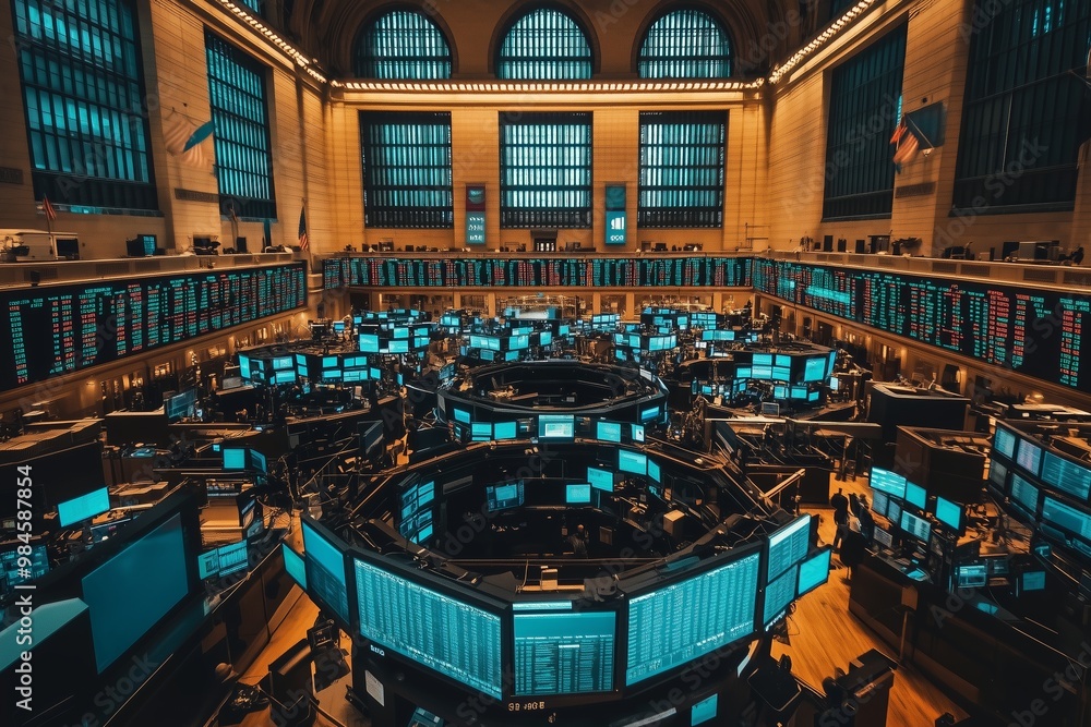 Aufkleber inside a bustling stock exchange with traders active at work during a busy trading session in the la