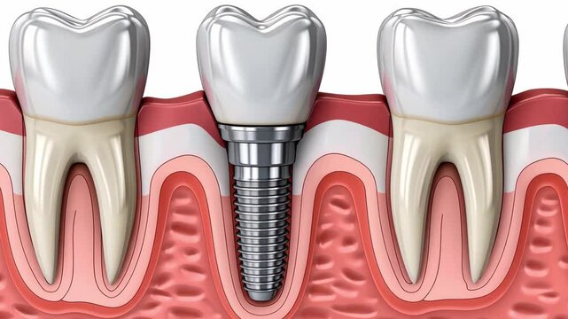 Human dentura anatomy showing healthy teeth and a dental implant, with labels indicating different parts of the teeth and the implant structure.