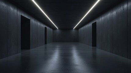 Dark Concrete Corridor with Fluorescent Lighting