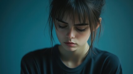 Thoughtful Young Woman with Dark Hair in Soft Light