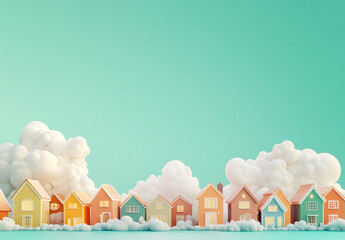 Fototapeta premium A group of houses with clouds, a green background, 3D rendering, in a cartoon style. 